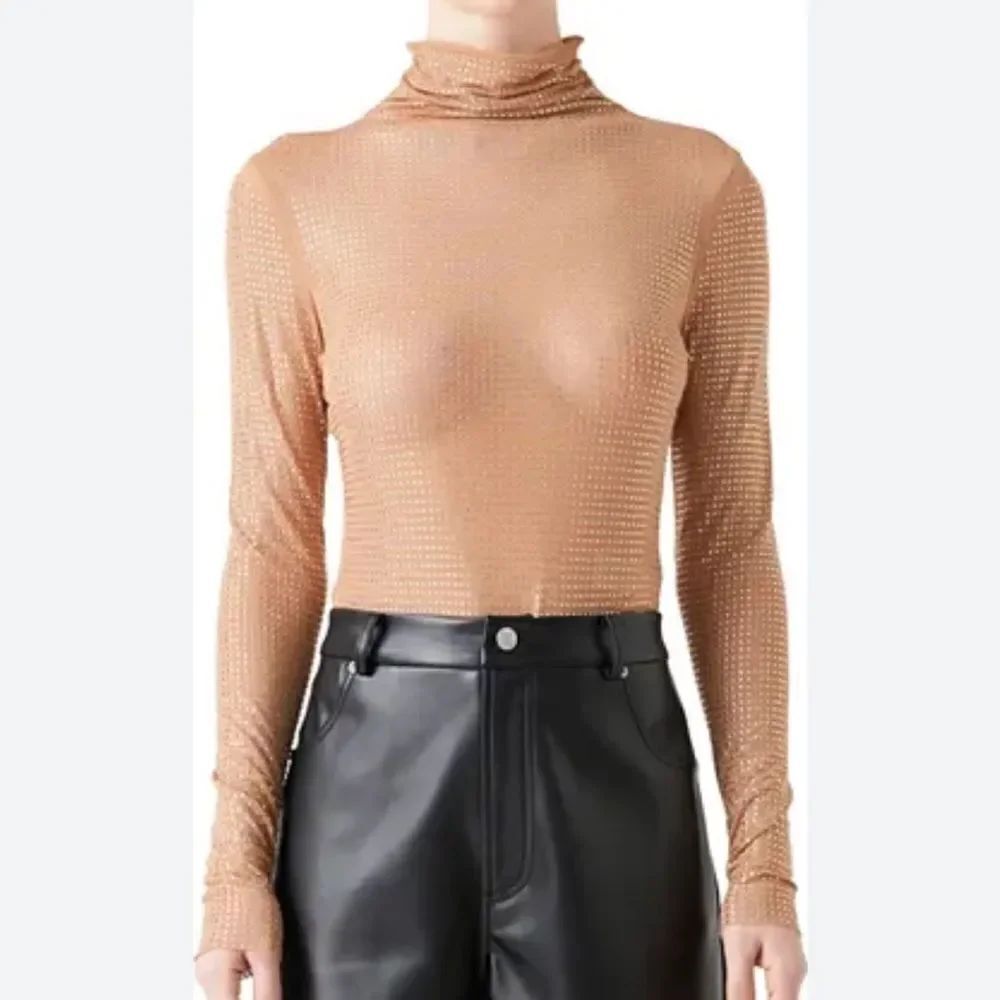 Grey Lab Embellished Tan Turtleneck Mesh Bodysuit(Size Medium)